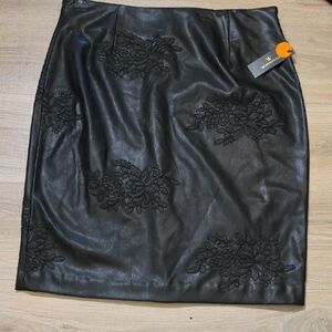 Worthington Black Faux Leather Pencil Skirt with Black Lace Appliqué